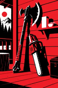 A massive custom battle axe and a chainsaw leaning against a cabin wall bathed in deep red light, a box of macaroni on the shelf.