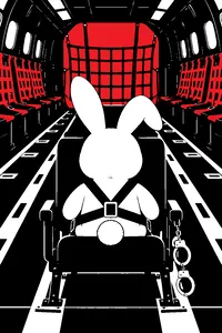 A plush toy bunny strapped into a seat aboard a prison transport plane, handcuffs dangling from the armrest.