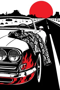 A snakeskin jacket draped over the hood of a convertible on a desert highway, flames reflected in the chrome.