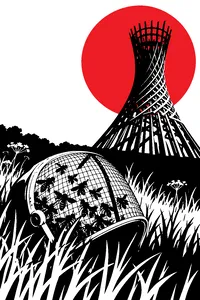 A wire-mesh helmet filled with angry bees lying in a field of tall grass, a giant wicker structure in the background.