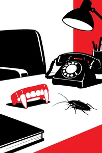 A pair of cheap plastic vampire fangs on an office desk beside a single cockroach and a rotary phone.