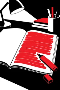 An open textbook with an entire page streaked in highlighter, the uncapped marker lying across it.
