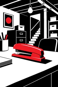 A glossy red stapler alone on an office desk in a cramped basement room.