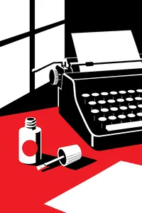 A small bottle of correction fluid with its brush cap off beside a typewriter.