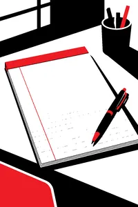 A yellow legal pad with a red binding strip and a ruled left margin, a pen resting on it.