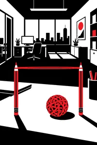 A rubber band stretched over a finger aimed across an office, a rubber band ball on the desk.