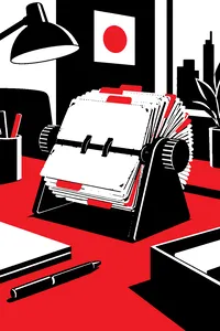 A rotating card file full of worn business cards on an executive desk.