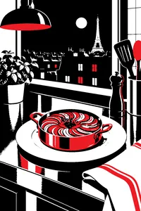 A small copper pan of thinly layered vegetables in a spiral, plated on a white dish on a stainless steel Paris kitchen counter at night.