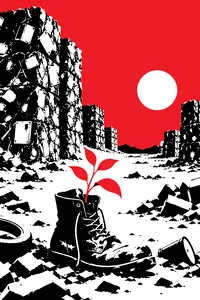 Towering stacks of compacted trash cubes in a dusty orange wasteland, a single green seedling growing in an old boot.
