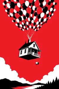 A small wooden house lifted into a blue sky by thousands of colorful balloons, a mailbox dangling from the porch.