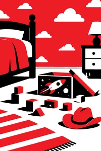 A child's bedroom floor with wooden blocks, a toy spaceship box and a small cowboy hat, under a wallpaper of painted clouds.