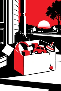 A cardboard box of old toys on the porch of a suburban house at sunset, a pull-string dangling over the edge.