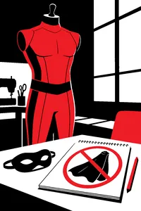 A red superhero suit with a black eye mask on a modernist tailor's dummy, a single flowing cape crossed out on a sketch pad beside it.