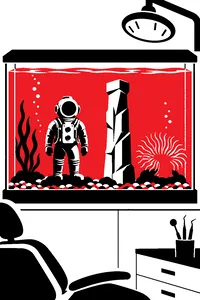 A dentist's office fish tank with a toy diver and a tiki head, a sea anemone swaying behind the glass.