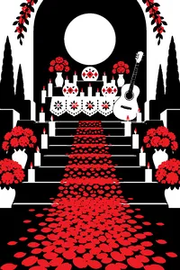A marigold-petal path leading up stone steps to an ofrenda covered in candles, sugar skulls and an old white guitar.