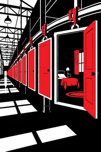 A long overhead conveyor of colorful bedroom doors in a vast factory, one door open onto a child's dark bedroom.