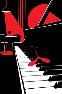 A grand piano in a dim jazz club with a single spinning maple seed resting on the keys.