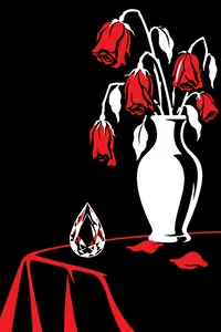 A single tear-shaped crystal resting on black velvet beside a wilted bouquet of roses in a vase.