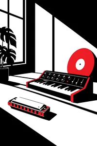 A chromatic harmonica and a vintage synthesizer on a sunlit studio floor, a gold record leaning against the wall.