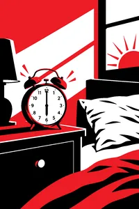 A ringing brass alarm clock on a bedside table showing 6:00, morning light, a wrinkled pillow beside it.
