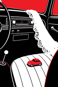 A white lace wedding veil draped over a car radio dial on a vintage dashboard, a little red toy car on the seat.