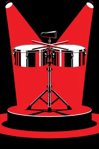 A pair of gleaming timbales on a stage riser under hot pink lights, drumsticks crossed on top.