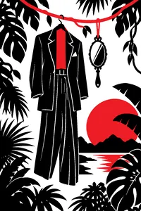 A zoot suit and a hand mirror hanging from a jungle vine, tropical leaves all around.