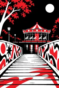 A painted wooden bridge covered in graffiti-style abstract murals at night, a merry-go-round glowing beyond it.