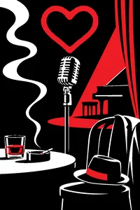 A glowing red neon heart above a vintage chrome microphone in a smoky lounge.
