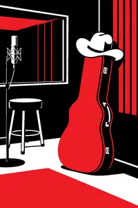 A white cowboy hat resting on top of a purple guitar case in a recording booth.