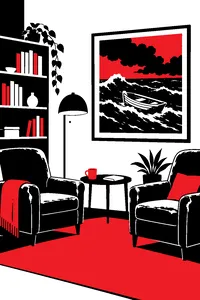 A therapist's office with two worn armchairs, a bookshelf, and a watercolor painting of a lone rowboat on a stormy sea.