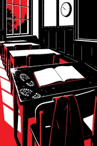 A row of wooden classroom desks in a wood-paneled 1959 prep school, one desktop scuffed with shoe prints, a poetry book open on it.