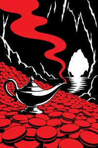 A tarnished brass oil lamp on a cave floor heaped with gold coins, a puff of blue smoke curling from its spout.