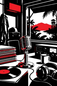 A military radio booth with a big chrome microphone, stacks of vinyl records and an on-air light glowing red, jungle heat outside.