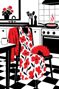 A flowered housedress, a gray curly wig and a cardigan laid over a kitchen chair, a frying pan with a pastry on the stove.