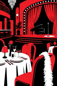 A pink South Beach nightclub with a lit stage and feather boas draped over velvet chairs, a formal dinner table set nearby.