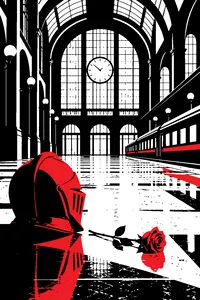 A vast train station concourse at rush hour, a single red rose on the marble floor, a red knight's helmet half in shadow.