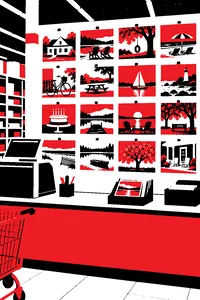 A photo lab counter in a fluorescent-lit big-box store, a wall of developed family snapshots pinned in a perfect grid.