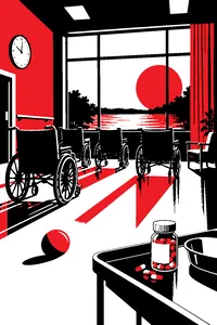 A 1960s hospital day room with rows of wheelchairs facing a window, a tossed ball and a vial of pills on a tray.