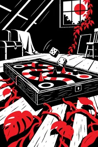 A carved wooden board game open on an attic floor, dice mid-roll, jungle vines creeping out from between the floorboards.