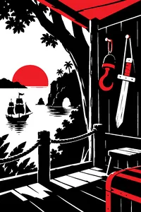 A treehouse hideout in a pirate cove, a gold-trimmed hook hanging from a nail beside a child's wooden sword.