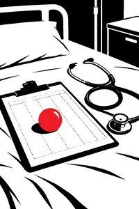 A red rubber clown nose resting on a hospital chart on a white bedsheet, a stethoscope coiled beside it.