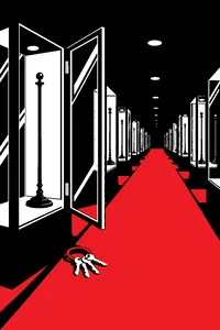 A long dark hallway of tall glass display cabinets, each holding an elegant empty hat stand, one cabinet door swung open and a ring of keys on the floor.