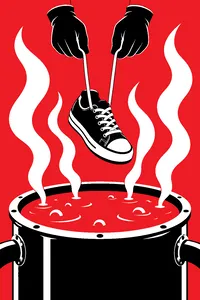 A small cartoon shoe hovering over a steaming metal vat of green liquid, a pair of black gloves gripping its laces from above.
