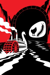 A paddle-wheel boat shaped like a giant swan racing into a black tunnel on a river of chocolate, a beheaded chicken silhouette and a centipede projected on the tunnel wall.
