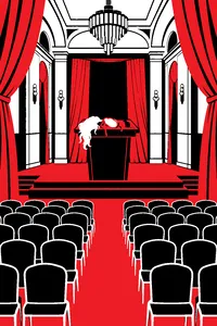 A grand hotel ballroom with rows of empty chairs facing a stage, a discarded rubber mask and a long blond wig lying on the lectern, a single mouse beside them.