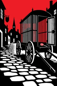 A horse-drawn wagon built as a tall iron cage parked on a cobbled village street, a rainbow lollipop lying on the step of its open door.