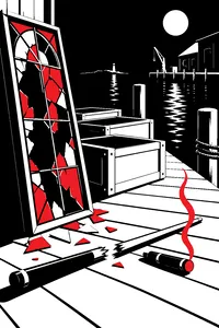 A broken pool cue, a smashed stained-glass window and a smoking cigar on a wooden pier at night, a row of empty crates stamped with a donkey shape waiting at the dock.