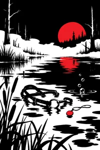 A lone bridle and an amulet lying on the surface of a still, foggy swamp, a few bubbles rising where something has just sunk.