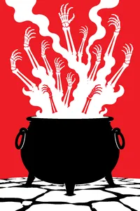 A massive black iron cauldron on a stone floor, a column of thick mist pouring out of it and a crowd of bare bony arms reaching up through the mist.